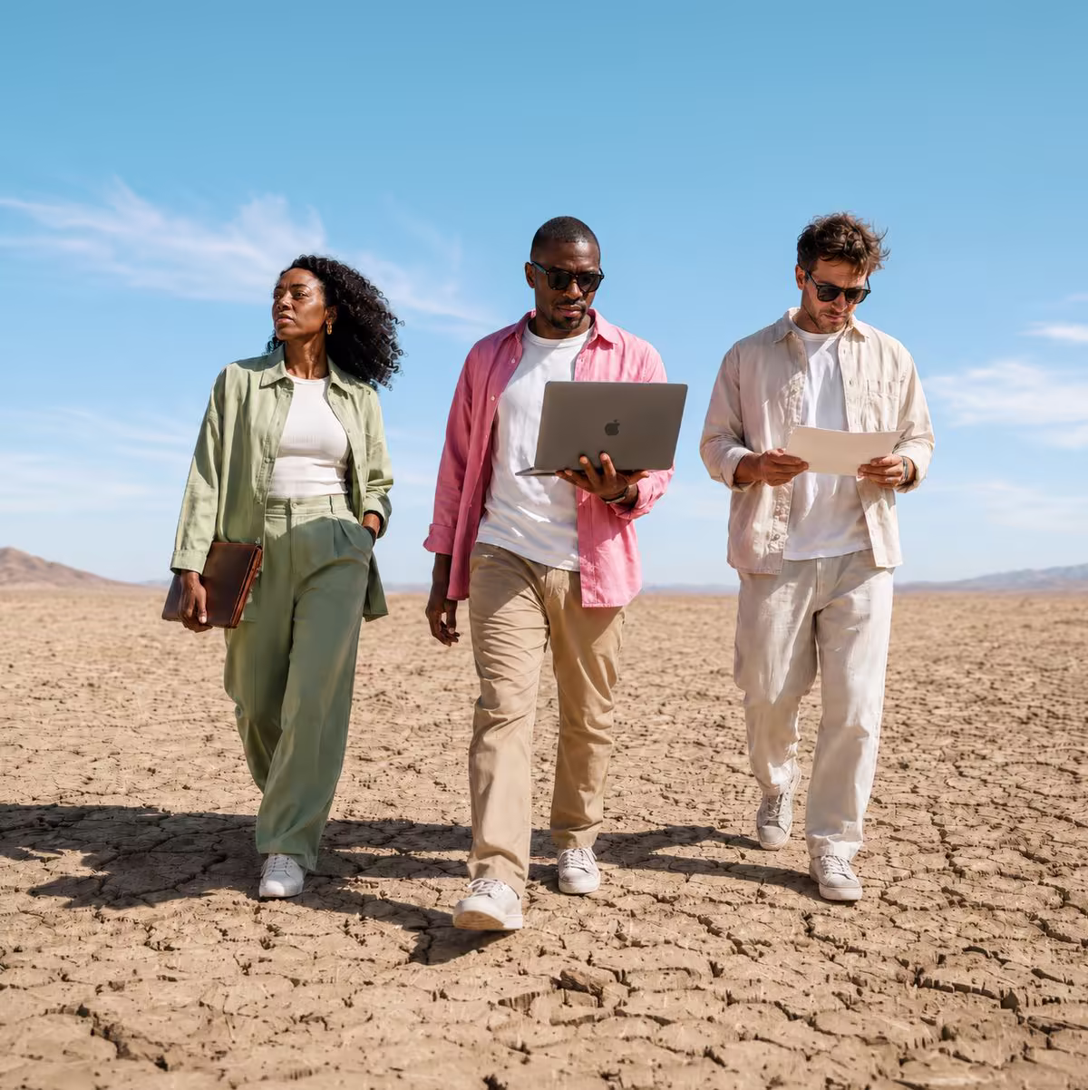 Three creatives walking across a desert salt flat with a laptop and notes